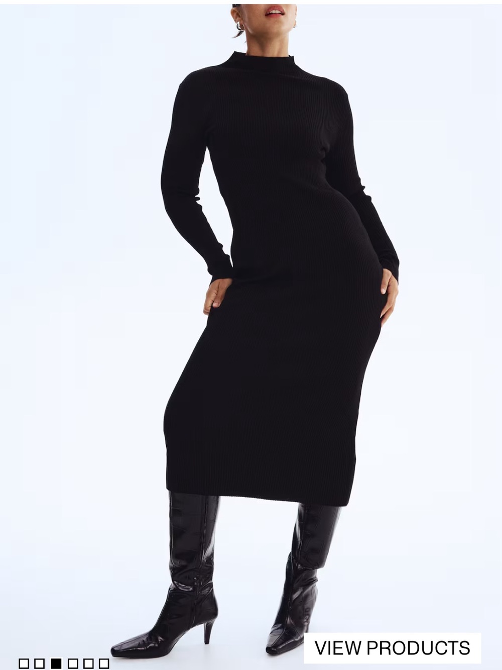 H&M Black Ribbed Long Sleeve Midi Moc Neck Sweater Dress